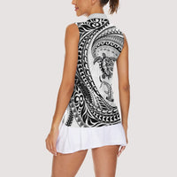 Hawaiian Turtle and Shark Women Sleeveless Polo Shirt Kakau Tribal with Polynesian Pattern White Color