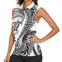 Hawaiian Turtle and Shark Women Sleeveless Polo Shirt Kakau Tribal with Polynesian Pattern White Color