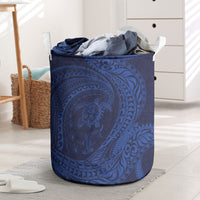 Hawaiian Turtle and Shark Laundry Basket Kakau Tribal with Polynesian Pattern Blue Color