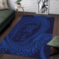 Hawaiian Turtle and Shark Area Rug Kakau Tribal with Polynesian Pattern Blue Color