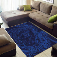 Hawaiian Turtle and Shark Area Rug Kakau Tribal with Polynesian Pattern Blue Color