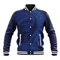 Hawaiian Turtle and Shark Baseball Jacket Kakau Tribal with Polynesian Pattern Blue Color