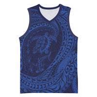 Hawaiian Turtle and Shark Basketball Jersey Kakau Tribal with Polynesian Pattern Blue Color