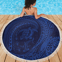 Hawaiian Turtle and Shark Beach Blanket Kakau Tribal with Polynesian Pattern Blue Color