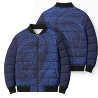 Hawaiian Turtle and Shark Bomber Puffer Jacket Kakau Tribal with Polynesian Pattern Blue Color