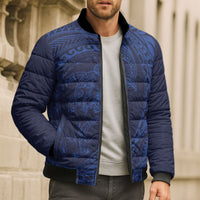 Hawaiian Turtle and Shark Bomber Puffer Jacket Kakau Tribal with Polynesian Pattern Blue Color