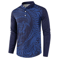 Hawaiian Turtle and Shark Button Sweatshirt Kakau Tribal with Polynesian Pattern Blue Color