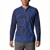 Hawaiian Turtle and Shark Button Sweatshirt Kakau Tribal with Polynesian Pattern Blue Color