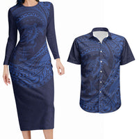 Hawaiian Turtle and Shark Couples Matching Long Sleeve Bodycon Dress and Hawaiian Shirt Kakau Tribal with Polynesian Pattern Blue Color