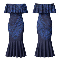 Hawaiian Turtle and Shark Couples Matching Mermaid Dress and Hawaiian Shirt Kakau Tribal with Polynesian Pattern Blue Color