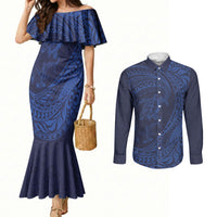 Hawaiian Turtle and Shark Couples Matching Mermaid Dress and Long Sleeve Button Shirt Kakau Tribal with Polynesian Pattern Blue Color