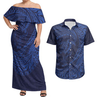 Hawaiian Turtle and Shark Couples Matching Off Shoulder Maxi Dress and Hawaiian Shirt Kakau Tribal with Polynesian Pattern Blue Color