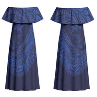 Hawaiian Turtle and Shark Couples Matching Off Shoulder Maxi Dress and Hawaiian Shirt Kakau Tribal with Polynesian Pattern Blue Color