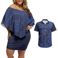 Hawaiian Turtle and Shark Couples Matching Off Shoulder Short Dress and Hawaiian Shirt Kakau Tribal with Polynesian Pattern Blue Color