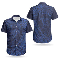 Hawaiian Turtle and Shark Couples Matching Off Shoulder Short Dress and Hawaiian Shirt Kakau Tribal with Polynesian Pattern Blue Color