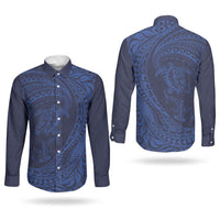 Hawaiian Turtle and Shark Couples Matching Off Shoulder Short Dress and Long Sleeve Button Shirt Kakau Tribal with Polynesian Pattern Blue Color