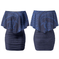 Hawaiian Turtle and Shark Couples Matching Off Shoulder Short Dress and Long Sleeve Button Shirt Kakau Tribal with Polynesian Pattern Blue Color