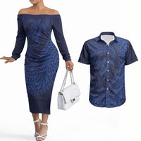 Hawaiian Turtle and Shark Couples Matching Off The Shoulder Long Sleeve Dress and Hawaiian Shirt Kakau Tribal with Polynesian Pattern Blue Color