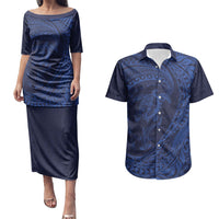 Hawaiian Turtle and Shark Couples Matching Puletasi and Hawaiian Shirt Kakau Tribal with Polynesian Pattern Blue Color