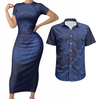 Hawaiian Turtle and Shark Couples Matching Short Sleeve Bodycon Dress and Hawaiian Shirt Kakau Tribal with Polynesian Pattern Blue Color