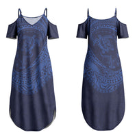 Hawaiian Turtle and Shark Couples Matching Summer Maxi Dress and Hawaiian Shirt Kakau Tribal with Polynesian Pattern Blue Color