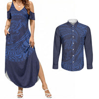 Hawaiian Turtle and Shark Couples Matching Summer Maxi Dress and Long Sleeve Button Shirt Kakau Tribal with Polynesian Pattern Blue Color