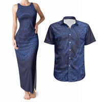 Hawaiian Turtle and Shark Couples Matching Tank Maxi Dress and Hawaiian Shirt Kakau Tribal with Polynesian Pattern Blue Color
