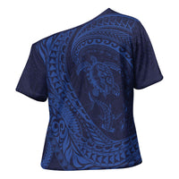 Hawaiian Turtle and Shark Cross Shoulder Shirt Kakau Tribal with Polynesian Pattern Blue Color