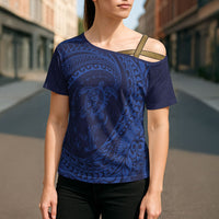 Hawaiian Turtle and Shark Cross Shoulder Shirt Kakau Tribal with Polynesian Pattern Blue Color