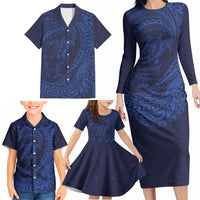 Hawaiian Turtle and Shark Family Matching Long Sleeve Bodycon Dress and Hawaiian Shirt Kakau Tribal with Polynesian Pattern Blue Color