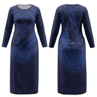 Hawaiian Turtle and Shark Family Matching Long Sleeve Bodycon Dress and Hawaiian Shirt Kakau Tribal with Polynesian Pattern Blue Color