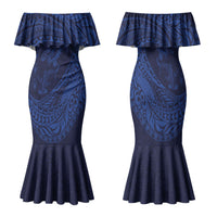 Hawaiian Turtle and Shark Family Matching Mermaid Dress and Hawaiian Shirt Kakau Tribal with Polynesian Pattern Blue Color
