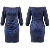 Hawaiian Turtle and Shark Family Matching Off The Shoulder Long Sleeve Dress and Hawaiian Shirt Kakau Tribal with Polynesian Pattern Blue Color