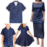 Hawaiian Turtle and Shark Family Matching Puletasi and Hawaiian Shirt Kakau Tribal with Polynesian Pattern Blue Color