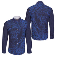 Hawaiian Turtle and Shark Family Matching Puletasi and Hawaiian Shirt Kakau Tribal with Polynesian Pattern Blue Color