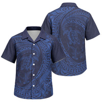 Hawaiian Turtle and Shark Family Matching Puletasi and Hawaiian Shirt Kakau Tribal with Polynesian Pattern Blue Color