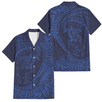 Hawaiian Turtle and Shark Family Matching Short Sleeve Bodycon Dress and Hawaiian Shirt Kakau Tribal with Polynesian Pattern Blue Color