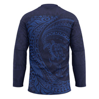 Hawaiian Turtle and Shark Hockey Jersey Kakau Tribal with Polynesian Pattern Blue Color