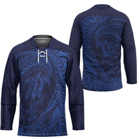 Hawaiian Turtle and Shark Hockey Jersey Kakau Tribal with Polynesian Pattern Blue Color