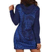Hawaiian Turtle and Shark Hoodie Dress Kakau Tribal with Polynesian Pattern Blue Color