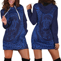Hawaiian Turtle and Shark Hoodie Dress Kakau Tribal with Polynesian Pattern Blue Color