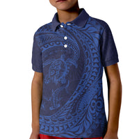 Hawaiian Turtle and Shark Kid Polo Shirt Kakau Tribal with Polynesian Pattern Blue Color