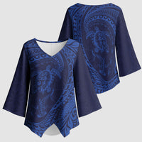 Hawaiian Turtle and Shark Kimono Sleeve Blouse Kakau Tribal with Polynesian Pattern Blue Color