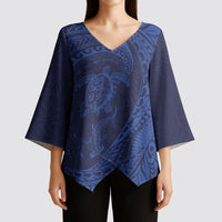 Hawaiian Turtle and Shark Kimono Sleeve Blouse Kakau Tribal with Polynesian Pattern Blue Color