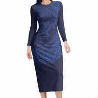 Hawaiian Turtle and Shark Long Sleeve Bodycon Dress Kakau Tribal with Polynesian Pattern Blue Color