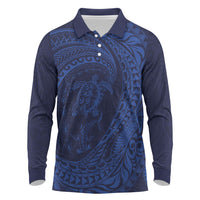 Hawaiian Turtle and Shark Long Sleeve Polo Shirt Kakau Tribal with Polynesian Pattern Blue Color