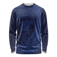 Hawaiian Turtle and Shark Long Sleeve Shirt Kakau Tribal with Polynesian Pattern Blue Color