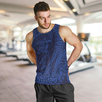 Hawaiian Turtle and Shark Men Tank Top Kakau Tribal with Polynesian Pattern Blue Color