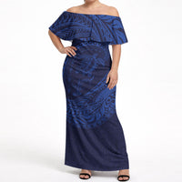Hawaiian Turtle and Shark Off Shoulder Maxi Dress Kakau Tribal with Polynesian Pattern Blue Color