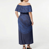 Hawaiian Turtle and Shark Off Shoulder Maxi Dress Kakau Tribal with Polynesian Pattern Blue Color